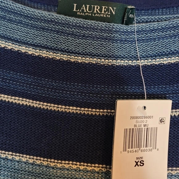 Lauren Ralph Lauren Blue Striped Scoop Neck Fringe Sleeve Knit Sweater XS NWT - Picture 8 of 8